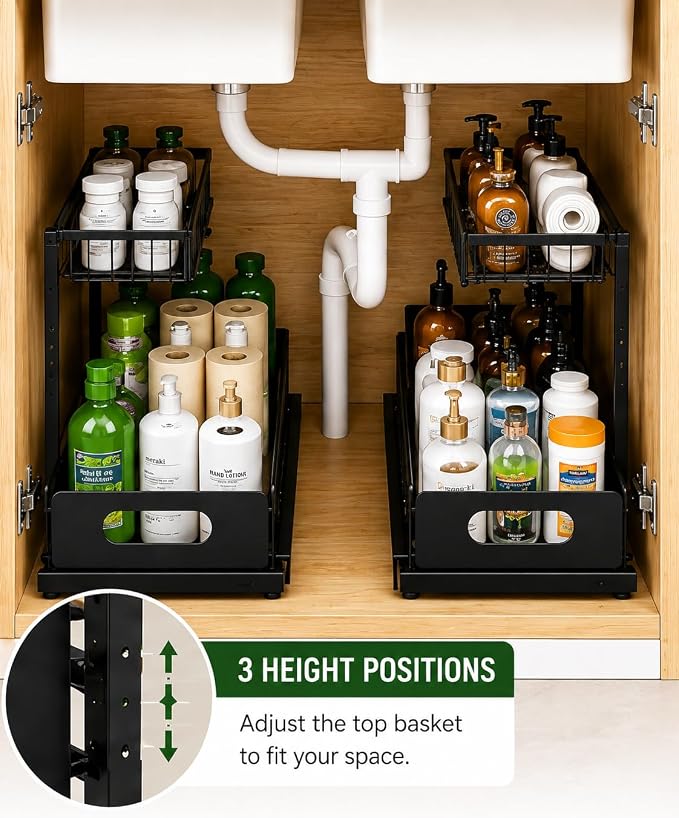 Under Sink Organizer, 2 Tier Adjustable Cabinet Organizer with Slide-Out Drawer, Heavy Duty Metal Storage Rack for Kitchen, Bathroom & Laudry room.