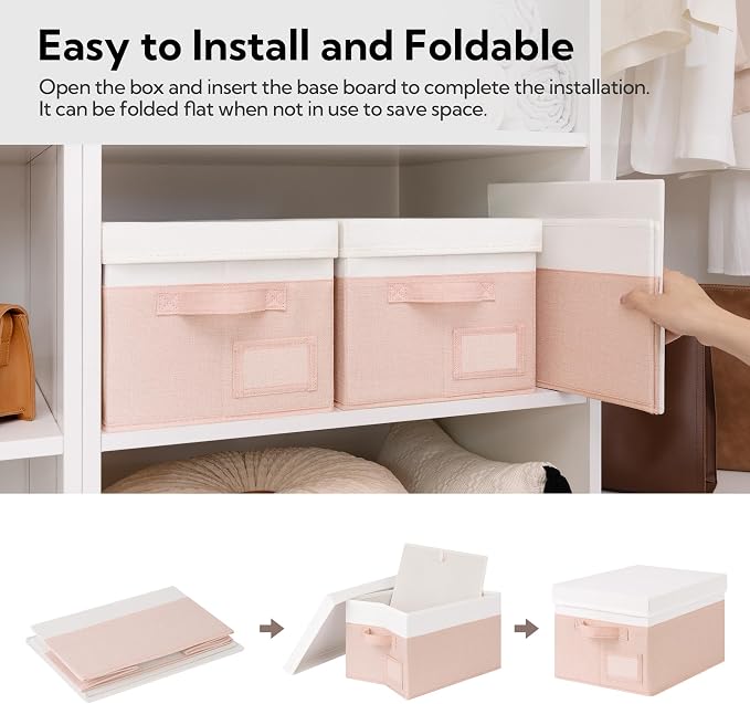 GRANNY SAYS Storage Bins with Lids, Decorative Storage Boxes with Lids | Storage Box with Dust Cover, Handles & Lable, Collapsible, Ideal for Closet Clothes Blanket Toys, Medium, White&Pink, 3-Pack