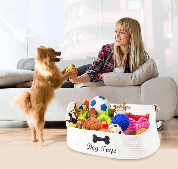 Woven Dog Toy Baskets,Rope Basket for Dog Toys,Collapsible Dog Toy Bin with Leather Handles,Trapezoidal Puppy Toy Storage Basket,Chewproof Dog Organizer for Toys,Collar,Leash,Blankets-Beige