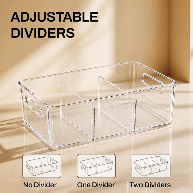 Mpotmiy 6-Pack Pantry Organizers and Storage, Clear Fridge Organizer Bins | Clear stackable plastic bins with removable dividers for packets, snacks, pouches and spices in pantry, fridge or freezer.