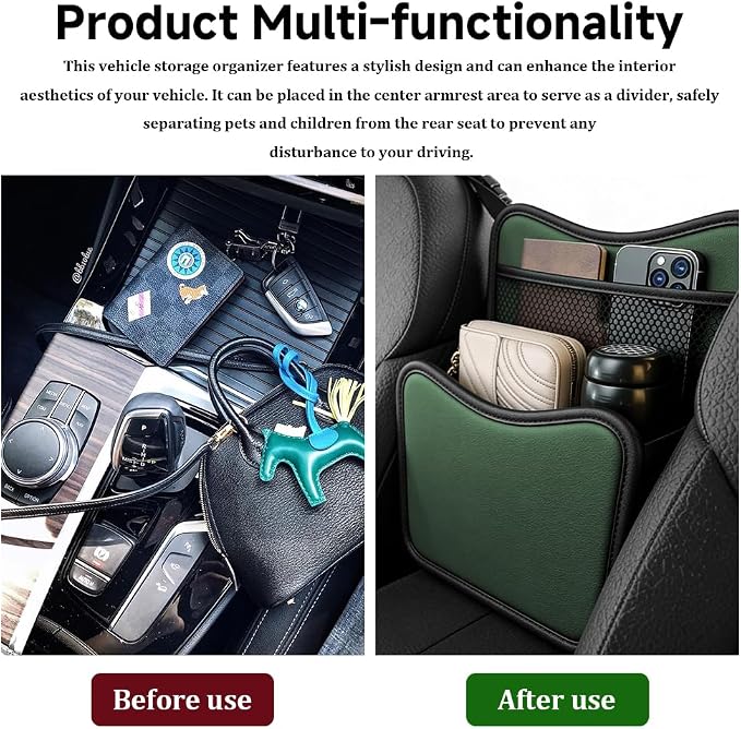 Car Organizer Storage Between Seats, Car Purse Holder, Nappa Leather Front Seat Storage Bag with Tissue Holder, Large Capacity Auto Console Organizer for Document Phone Wallet Snack (Green)