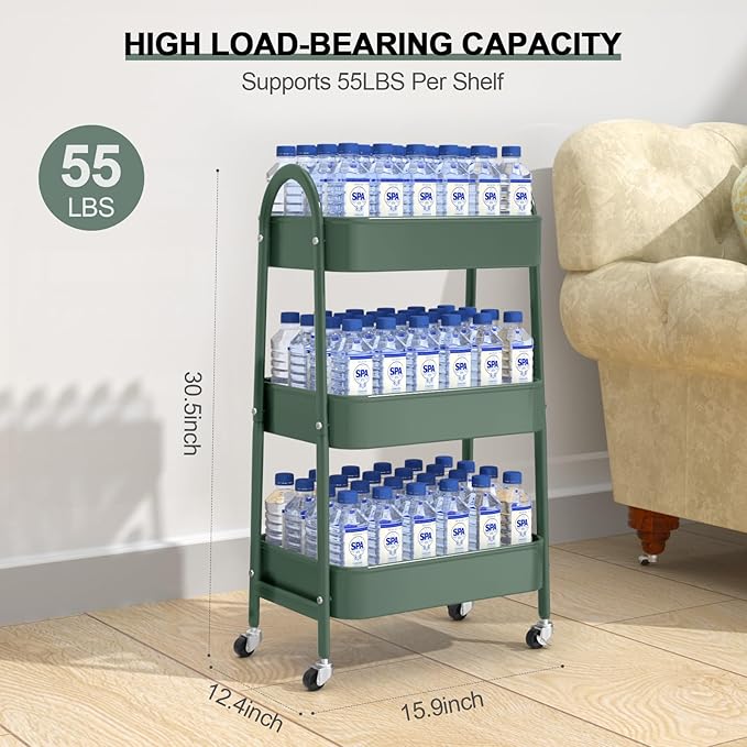 3 Tier Utility Rolling Cart, Metal Storage Cart with Handle and Lockable Wheels, Multifunctional Storage Organizer Trolley with Mesh Baskets for Kitchen, Living Room, Office, Garage (Jungle)
