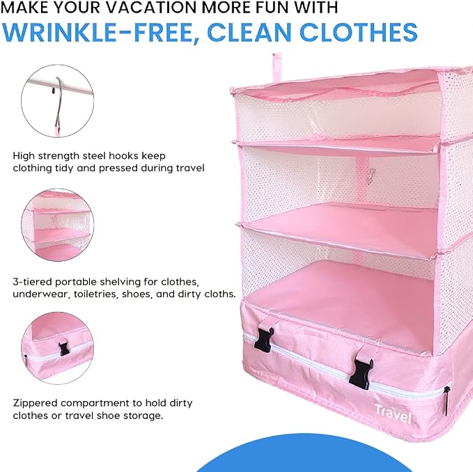 Stow-N-Go Hanging Travel Shelves, Packing Organizer for Luggage. Carry on Closet for Suitcase. Expandable Packing Cube. Travel Essentials. (Pink - XL, XL = (L) 17.7" x (W) 11.8")