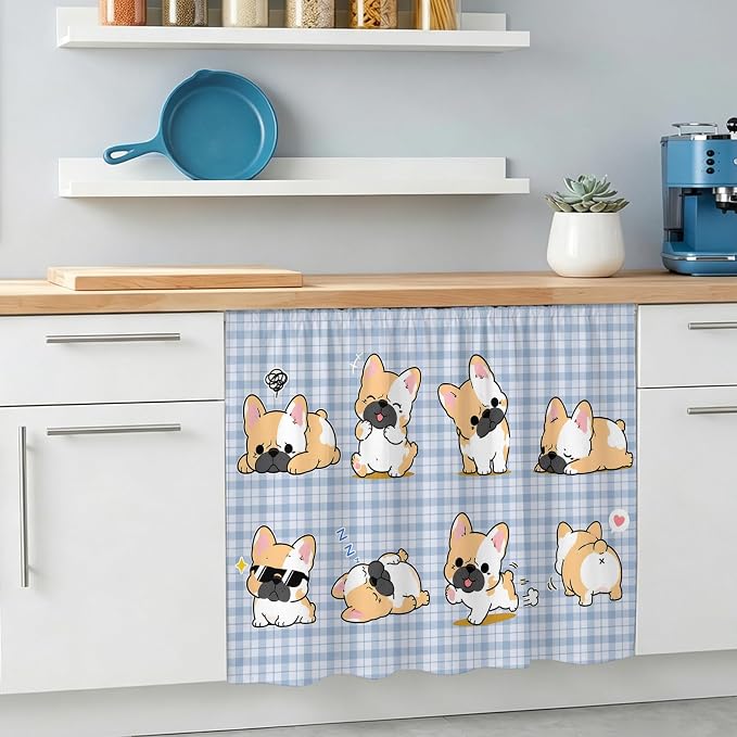 Cute Puppy Oven Skirt Curtain for Kitchen Decor 28"x35", Blue Purple Plaid Modern Funny Dogs Pet Self Adhesive Stove Curtains Skirt Cabinet Curtains for Bathroom Laundry Room
