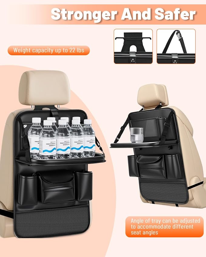 2 Pack Leather Car Backseat Organizer with Foldable Table Tray | Garbage Bag Hook, Protector Kick Mats for Kids, 8 Large-Capacity Pocket, Universal Car Seat Protector for Kids, Pets & Travel