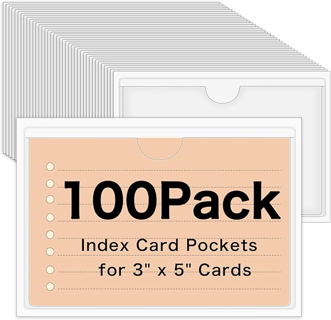 100 Pack Self-Adhesive 3" x 5" Index Card Pockets Clear Lables Holder | Pvc Clear Pockets, Strong Adhesive, Fits Bins Folders Shelves, Protects Cards Photos Labels