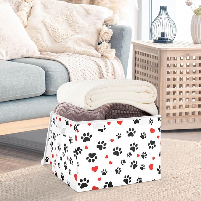 Paw Heart Storage Bins with Lids Closet Bedroom 40L Fabric Bin | Decorative Storage Boxes, Foldable & Stackable, Dust-Proof Flip Top, Reinforced Handles, For Home & Dorm, Clothes & Toy Box
