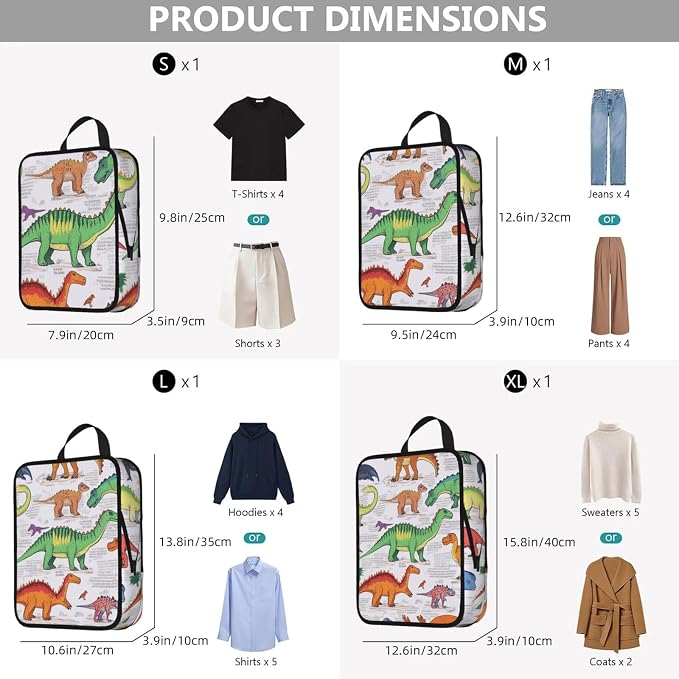 4 Set Compression Packing Cubes for Travel | Dinosaurs In Various Cube Storage Organizer For Carry On Expandable Space Saver Packing Bags Travel Essentials