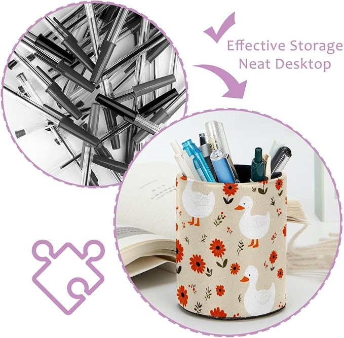 Faux Leather Pen Holder for Desk, Pencil Organizer Geese and Daisies Pen Cup Desk Decor Makeup Brush Holder Storage for Office Home