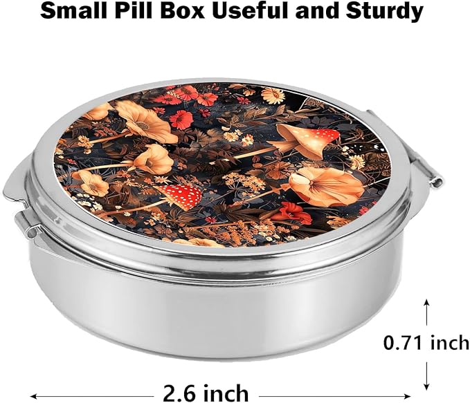 Small Pill Box 3 Detachable Compartments Pill Case with Mirror 2.4inches Pocket Round Medicine Organizer, Mini Portable Pill Organizer for Pocket Purse& Travel Convenience-Vintage Mushrooms