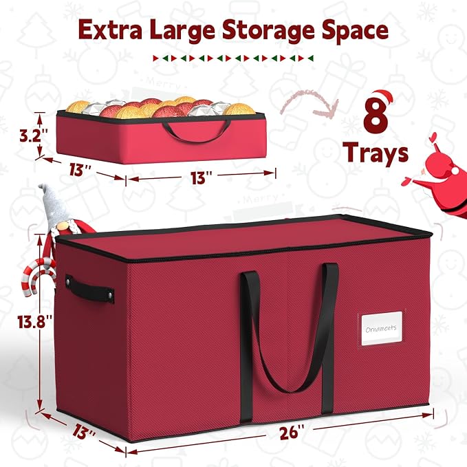Sunvigor Christmas Ornament Storage Box with 8 Trays, Fits 128 Holiday Ornament Christmas Storage Container with Adjustable Dividers, Dual Zippers, 600D Oxford Christmas Decorations Storage(Rose Red)