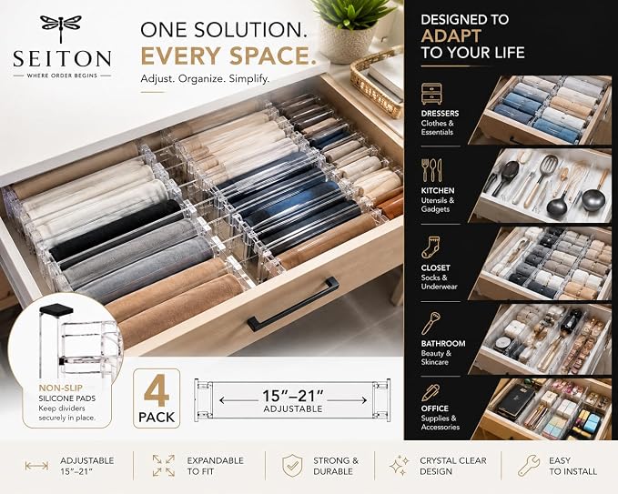 SEITON Adjustable Drawer Dividers (4 Pack) Expandable Drawer Organizer with Anti-Slip Pads 11.5"-21.7"