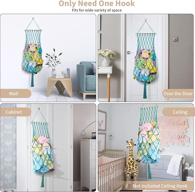 68 Inch Stuffed Animal Storage Hammock Corner Plushie Net,Aqua | Boho Macrame Large Toy Hammock for Stuffed Animals Organizer,Wall Ceiling Over Door Stuffy Storage Holder,Nursery Room Decor