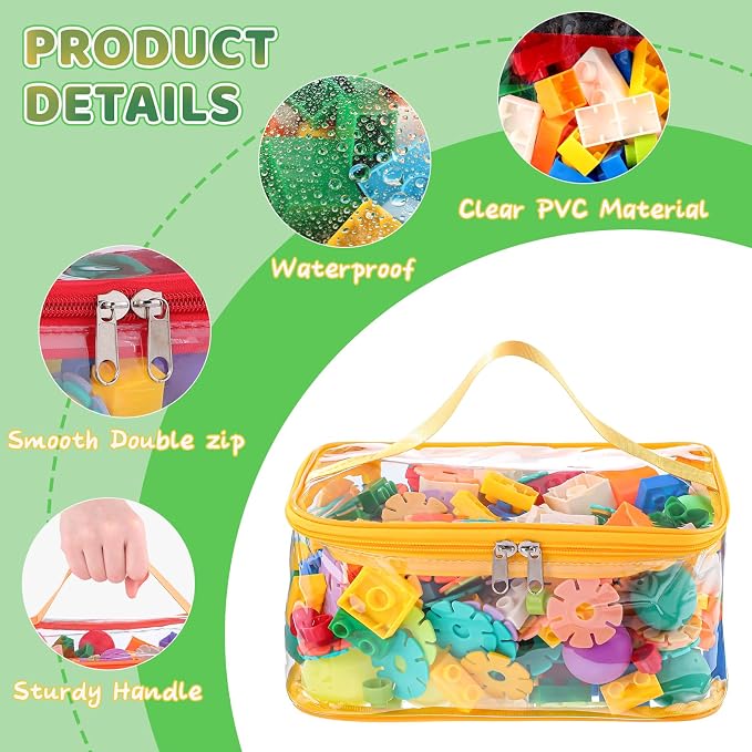 4 Pack Clear Toy Storage Bags, PVC Waterproof Toy Organizer, Colorful | Waterproof PVC, Transparent View, Reusable Zip Bags, Label Tags, for Blocks, Puzzles, Board Games, Travel and Home Storage