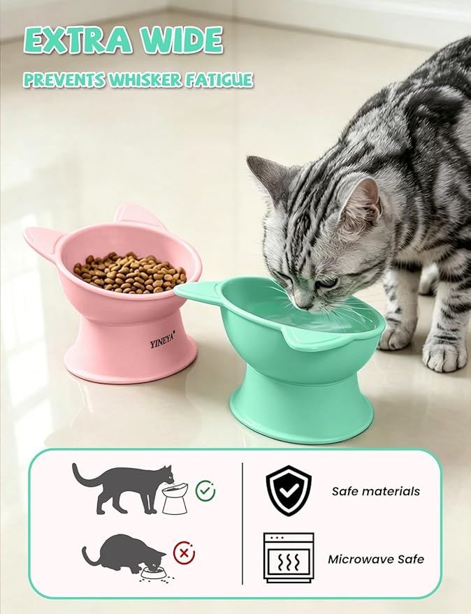 YINEYA Elevated Cat Bowls 2 Pcs, Cat Food Bowl to Protect Neck & Anti-Vomit, Whisker-Friendly Raised Food and Water Bowls Set for Indoor Cats/Small Dogs, Cute Pet Feeding Bowl 6 OZ Each, Pink & Green