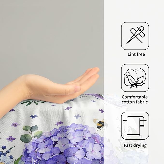 Giwawa Hydrangea Flowers Towel Set of 2 Blue Purple Watercolor Spring Summer Floral Bees Decorative Hand Towels Soft Microfiber Seasonal Face Towel Washcloth for Bathroom Guest Gym Spa Hotel