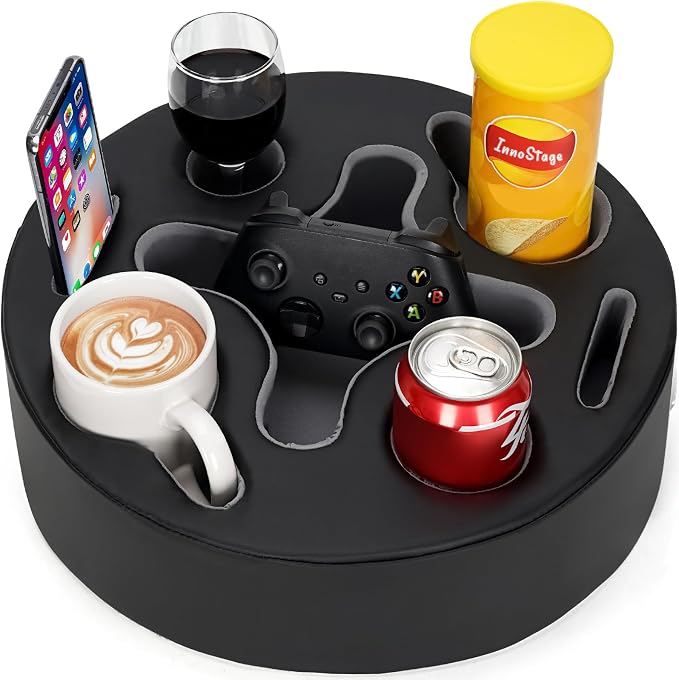 INNO STAGE Couch Cup Holder Pillow | Sofa Caddy Buddy Cupholder Organizer, for Bed Rv Tv Car Man Cave Remote Snacks Drink, Gift for Couch Potato, PU Black
