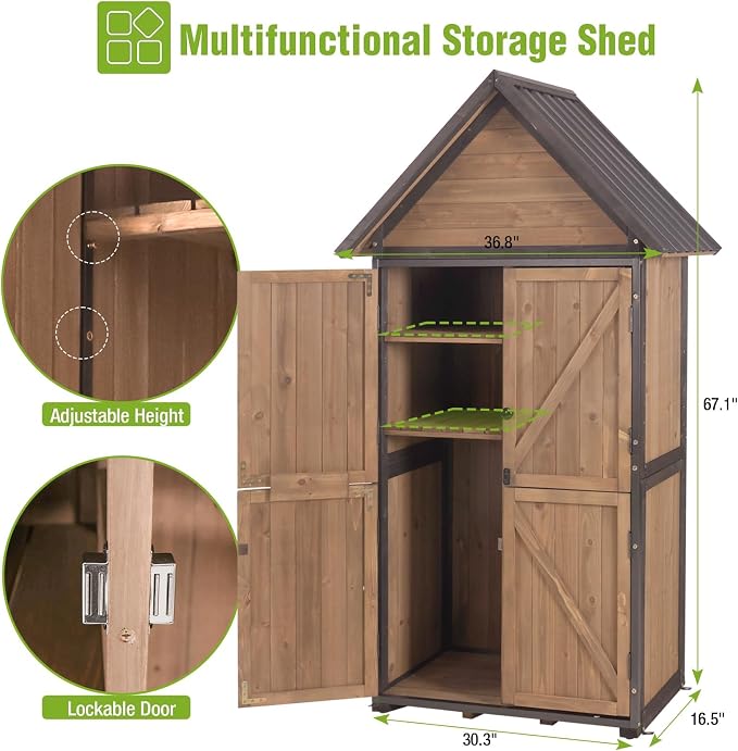 GUTINNEEN Outdoor Storage Shed with All Around Strong Metal Frame, Garden Tool Sheds Cabinet with Floor & Adjustable Shelves, Wooden Tool House for Backyard Garden Patio Lawn 67.1" H (Dark Brown)