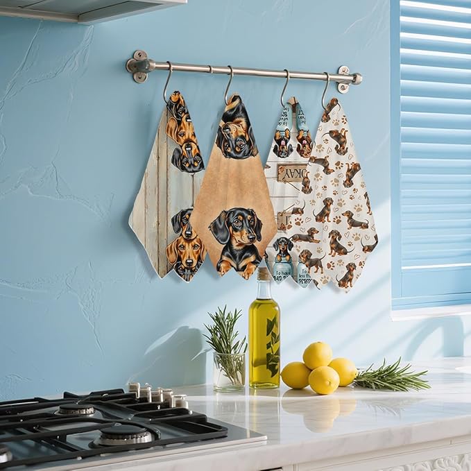 4 Pcs Dachshund Kitchen Towels 24x14 Inch, Dachshund Gifts Reusable Dish Towels for Kitchen Bathroom Decor, Weiner Dog Hand Cloth Tea Towel, Cute Dog Inspirational Gifts for Women Mom Friend