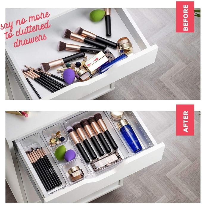 Seseno 25 PCS Clear Plastic Drawer Organizers Set, 4-Size Versatile Bathroom and Vanity Drawer Organizer Trays, Storage Bins for Makeup, Bedroom, Kitchen Gadgets Utensils and Office Accessories
