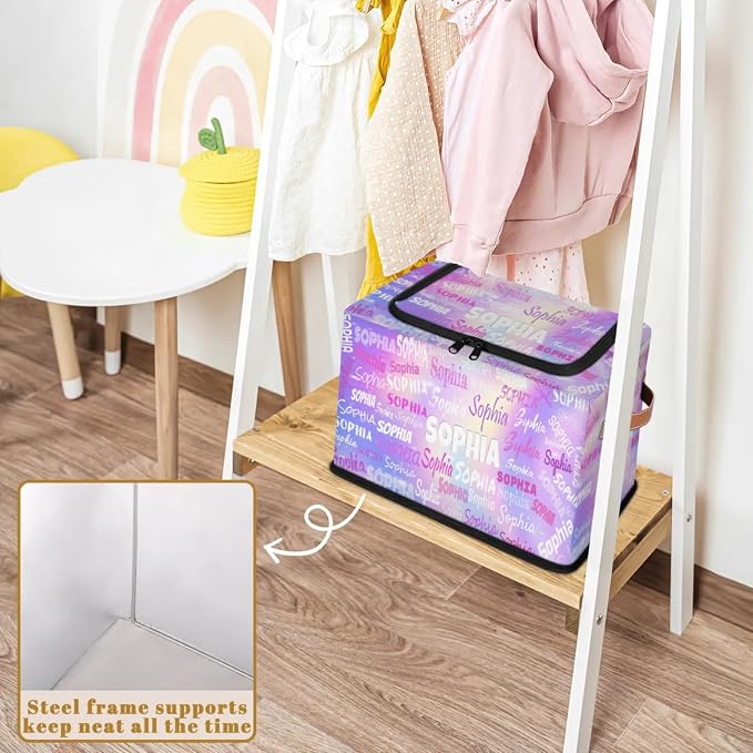 Custom Storage Baskets Named with Zipper Lid, Personalized Storage Bins Basket Boxes PU Handles for Clothes Bedroom Closet Organizing Toys Books Shelves, Bright Purple Galaxy Background