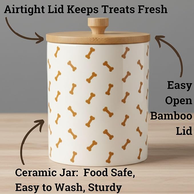 Ceramic Dog Treat Container Airtight with Bamboo Lid, 5"W x 6.4"H, 4 Cups | Sturdy Durable Ceramic, Airtight Bamboo Lid, Food Safe, Fits Most Popular Treats, 4 Cup Capacity, Easy to Wash