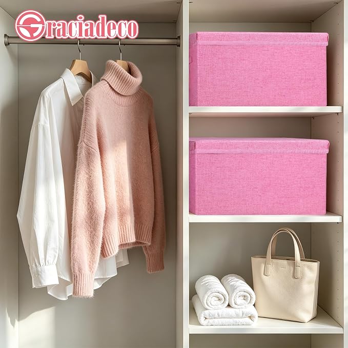 Storage Bins With Lids Closet Organizer Cabinet Box For Clothes,Toys,Shelf | 2 Pack, 17"X 12"X 2", Collapsible, Stackable, Dustproof, Built-In Handle, Label Slot, Linen Fabric, Cardboards, Pink