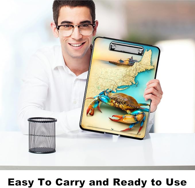 Heavy Duty Storage Clipboard, Slim Nursing Clipboard with Internal Pen Case, Portable File Organizer Case for A4 Letter Size Paper Office Medical Professionals, Map Crab
