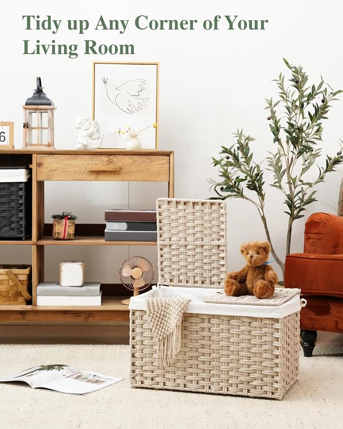 SETVSON Storage Basket with Lid, PE Rattan Storage Bin Light Khaki | Decorative PE Rattan Furniture Look for Bedroom, 2 Separate Lids, 2 Liners with Divider for Apparel & Essentials