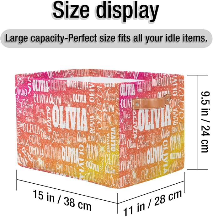 Personalized Storage Basket with Name Shiny Glitter Starry Red Orange | Organizing Boys Girls Pets Toys Closet Shelf Clothes Books