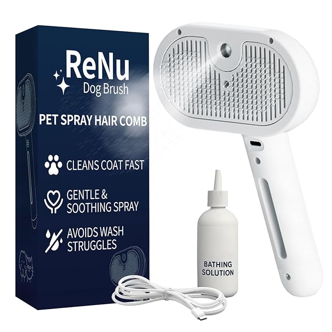Fur Shower Brush for Cat & Dog, 3 in 1 Self Cleaning Steamy Pet Brush, Cat & Dog Steam Brush, Pets Spray Hair Removal Comb - Anti-Static, Dog Grooming Tool with Steam | Skin-Friendly Design (White)