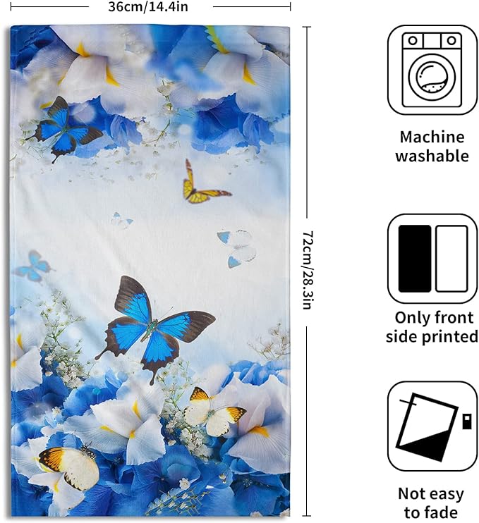 Giwawa Blue Butterfly Hand Towels Spring Flowers Kitchen Dish Towels Set of 2 Soft Absorbent Fingertip Towel for Bathroom Spa Gym Hotel