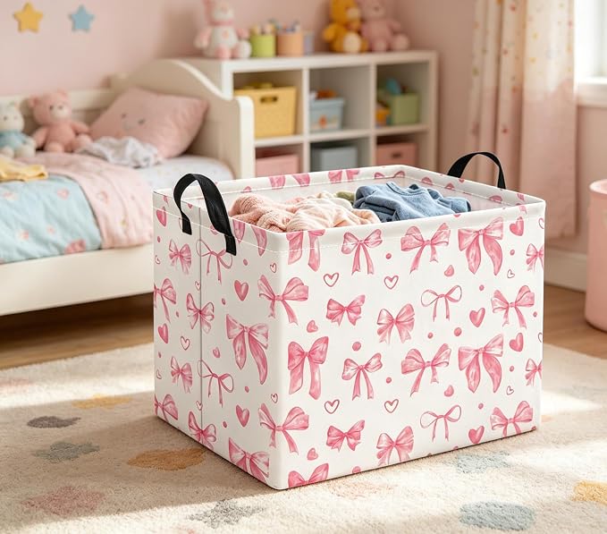 Rectangular Valentines Basket for Women Girls Storage Bin Organizer Box Shelf Room Decor(Heart Bowknot)