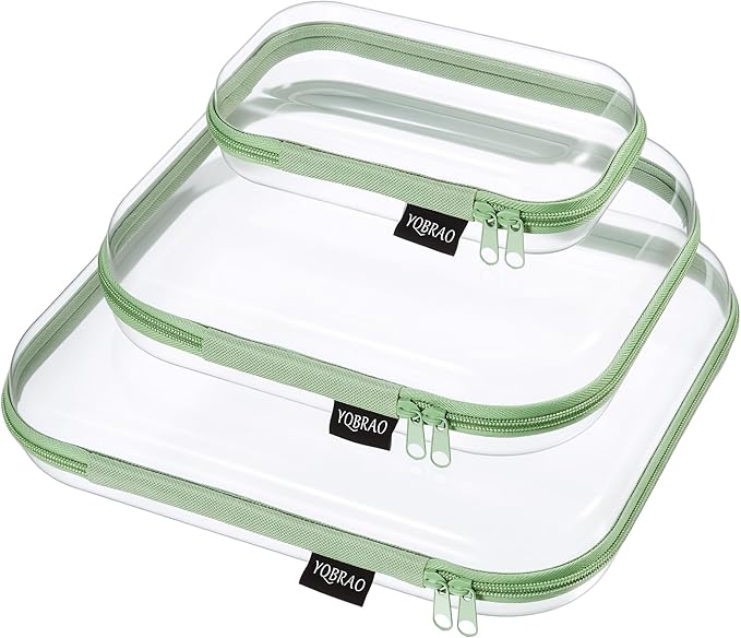 YQBRAO Clear Hard Shell Organizer Cases, 3-Pack, Green | Large, medium & small rigid PET organizers for home, travel, crafts and everyday organization