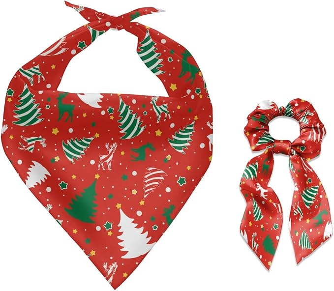 COEQINE Dog Bandanas Bulk Christmas Tree Cake Deer Pattern Red Bow Hair Tie for Women Cute Pet and Owner Matching Outfits for Holiday Festival Costume