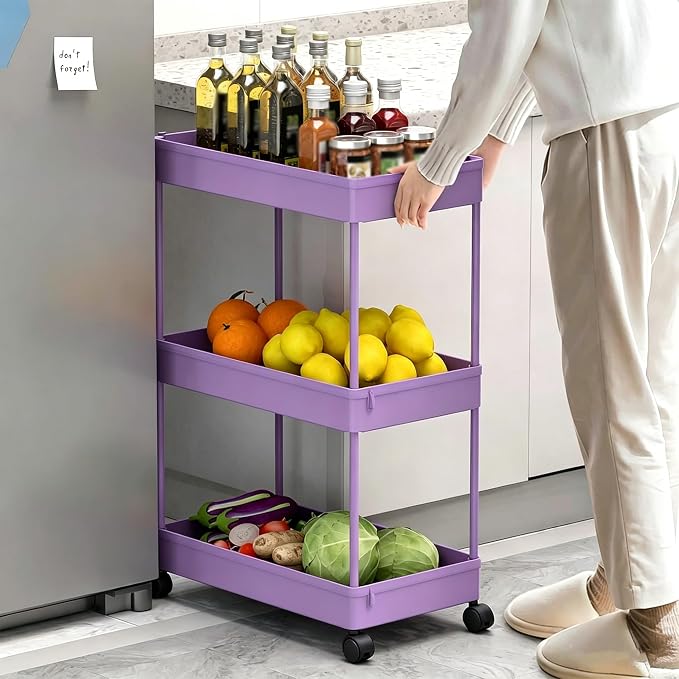Slim Storage Cart 3 Tier,Bathroom Organizer Rolling Utility,Mobile Shelving Unit Slide Out for Office, Kitchen, Laundry Room & Narrow Places,Purple