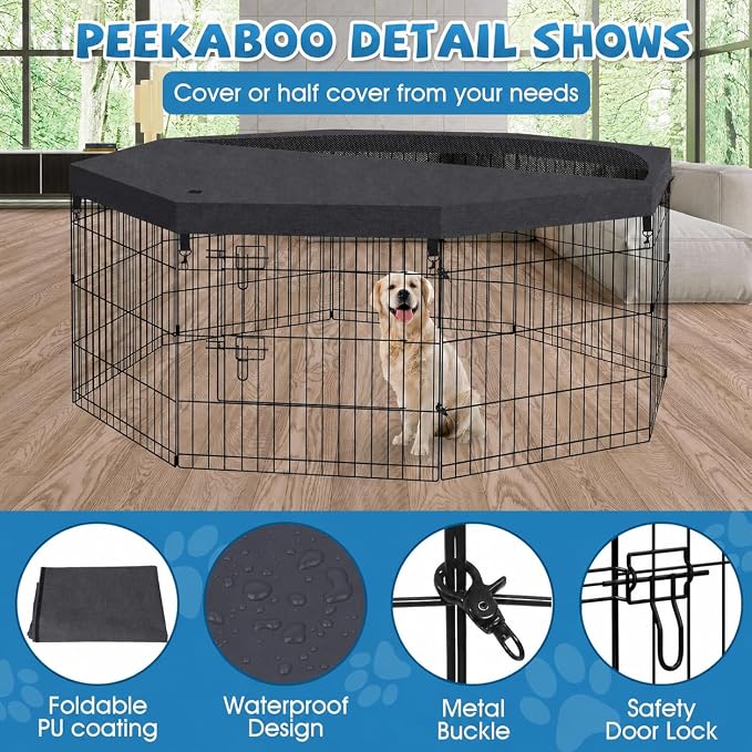 Peekaboo DogPlaypen 24 in-8 Panel Metal Rustproof Pet Fence with Top Cover | 24 Inch 8 Panel Foldable Rustproof Black Metal Dog Playpen with Octagonal Top Cover