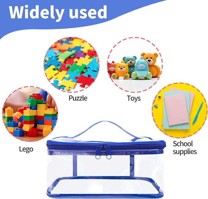 3 Packs Clear Toy Storage Bags, Waterproof Toy Storage Organizer Pouch | 9"x 7"x 4" Transparent PVC Toy Organizing Bags with Zipper for Building Blocks Small Toys (Blue)