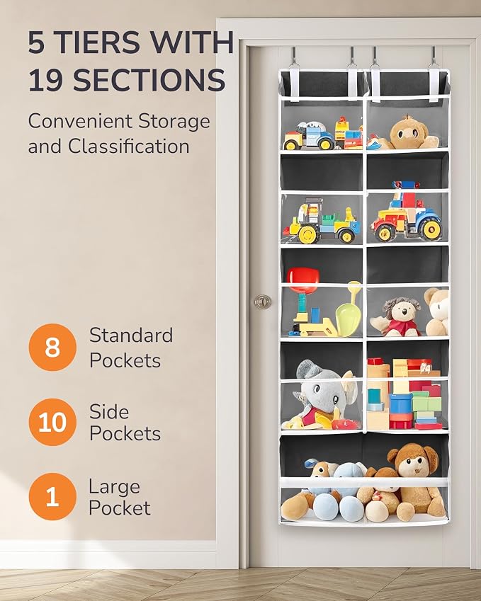 ULG Over the Door Organizer, 5-Tier Extra Large Hanging Storage with 10 Mesh Pockets, 100 lbs Capacity, Heavy Duty Door Organizer for Closet, Bedroom,Grey