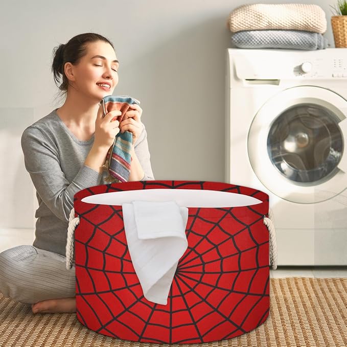 Red Spider Web Storage Baskets - Large Nursery Organizer Bin Box with Handles Collapsible Round Laundry Hamper for Kids Boy Toys Pet Blanket, Bedroom Living Room Home Decor Gift Basket (19.4"x13.3")