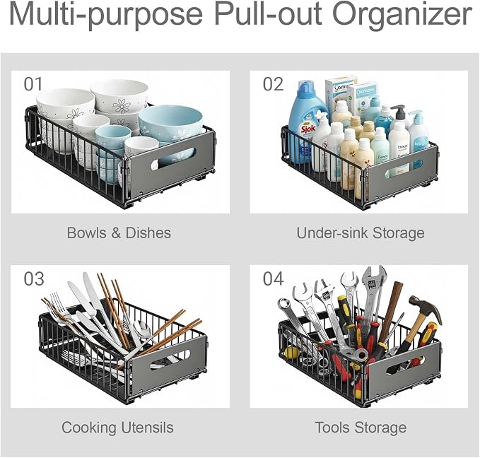 Slide-Out Storage Organizer 9.6"x14.8"x4" Matte Black Rustproof Carbon Steel Pull Out drawer Tray with Adhesive Taps and Screw Installation for Bathroom Cabinet,Under Sink, Dresser