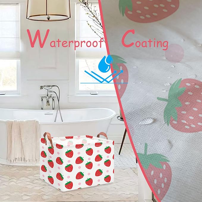 NTAOHAMPER Rectangular Storage Basket with Handles, Cotton Canvas Fabric, Strawberry Pattern, Room Decor, Gift Basket, Book Box