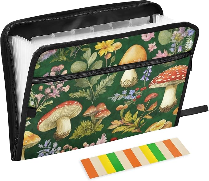 Forest Mushrooms and Flowers Watercolor Pattern Expanding File Folder with Sticky Labels, 13 Pockets Accordion File Folder Document Organizer Expandable Zip File Folder with Zipper Closure