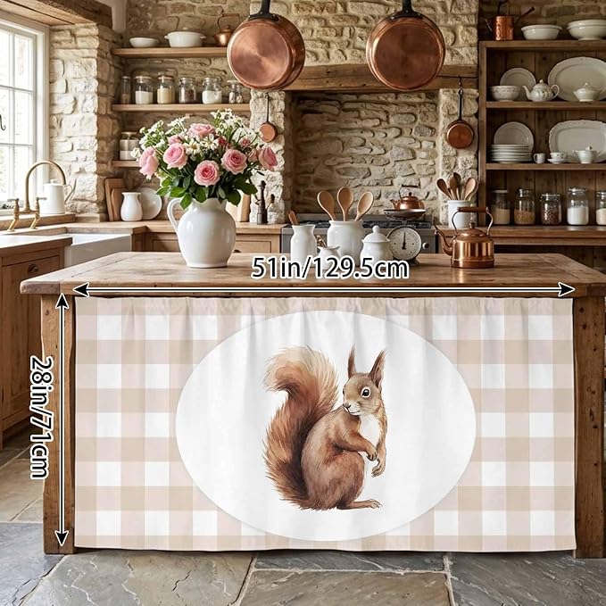 Squirrel Plaid Cabinet Curtains 28"x51" Sink Skirt for Bathroom Kitchen, Modern Farmhouse Checkered Rustic Animal Self Stick Adhesive Under Desk Covers Tall Laundry Cabinet Storage Organizer