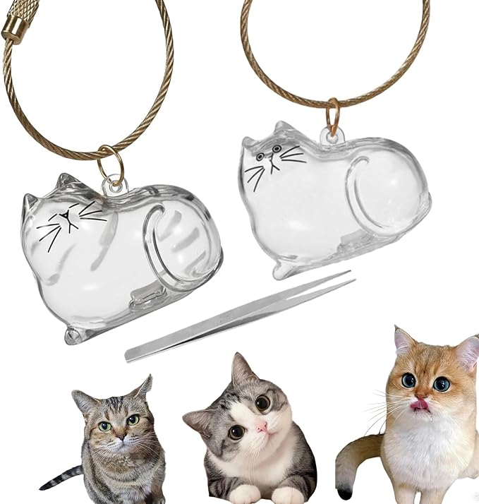 2 Pcs Cat Hair Keychain Transparent Pet Fur Keepsake with Tweezer | Portable Cat Fur Keychain DIY Pet Hair Memorial Keepsake Cats Hairs Collector Charm Storage Box, Cats Lover Collecting Gifts