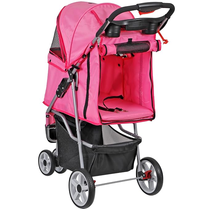 ZENY Pet Stroller for Small/Medium Dogs and Cats Foldable Dog Stroller | with 3 Wheels, Pet Strolling Cart, Dog Travel Carrier with Storage Basket, Cup Holder, Pink