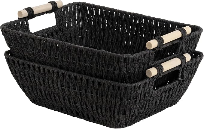 StorageWorks Wicker Baskets, Toilet Paper Baskets for Shelf, Bosana Green | Wicker Storage Baskets for Shelves, Baskets with Wooden Handles, 2-Pack Gifts Basket for Home Decor, Hand-Woven Basket