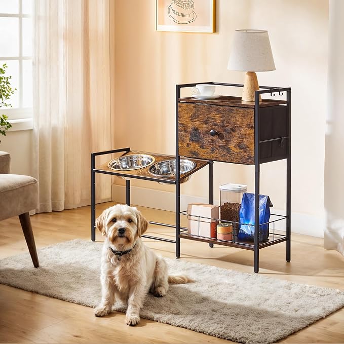 HOOBRO Elevated Dog Bowls Stand with Drawer, Height Adjustable Raised Feeding Station Cabinet with Storage Basket, 4-IN-1 Pet Storage Organizer for Large Medium Breeds, Rustic Brown and Black BF22PO03