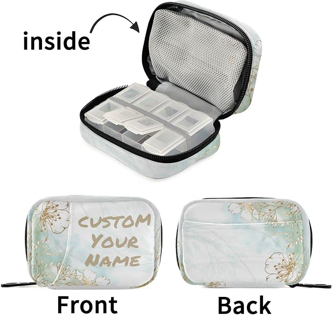Custom Pill Box 7 Day Pill Case Bag Golden Flowers Personalized Name Travel Pill Organizer Bag with Zipper Portable Weekly Case Compact Size for Vitamin Supplement Holder