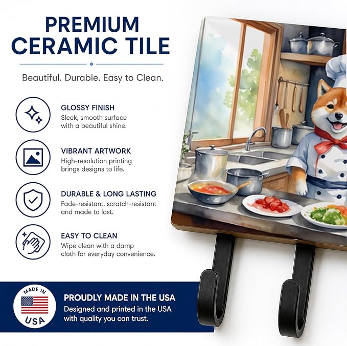Caroline's Treasures Shiba Inu The Chef Leash or Key Holder Wall Hooks, Key Hooks Holder, Coat Rack Wall Mount, Coat Hooks, Hooks for Hanging Keys, Towels, Aprons, Leashes | Shiba Inu The Chef artwork on ceramic tile with three steel hooks for keys, le...